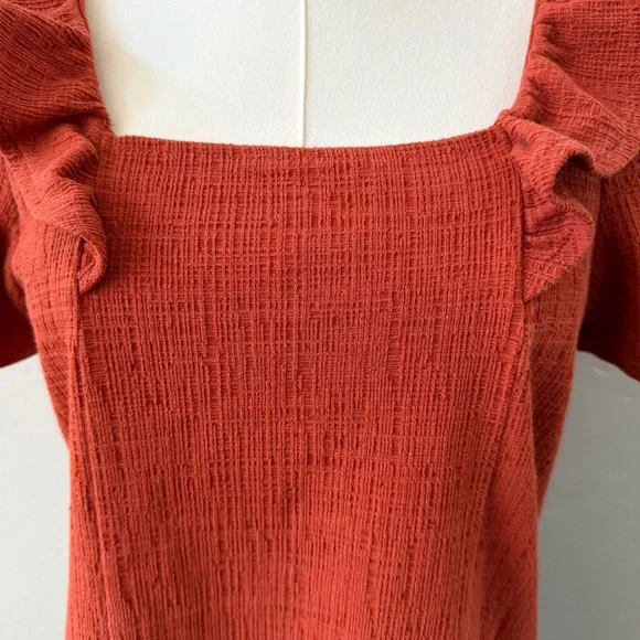 Madewell Ruffle Sleeve Top Rust Orange Square Neck Textured S - Picture 6 of 12
